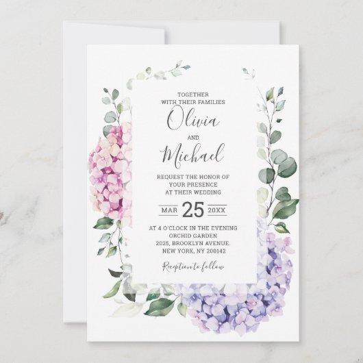 Invitation Hydrangées rose pâle et mariage d'eucalyptus (Devant)