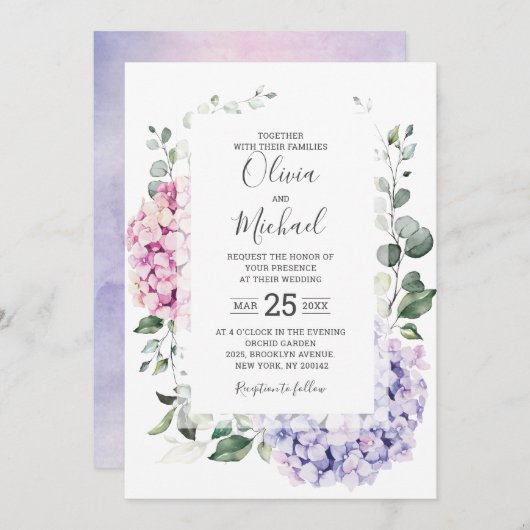 Invitation Hydrangées rose pâle et mariage d'eucalyptus (Devant / Derrière)