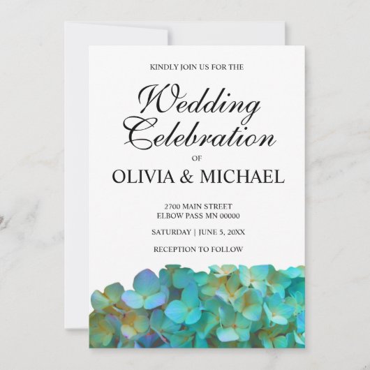 Invitation hydrangées turquoises, fleurs pourpres bleu thé (Devant)