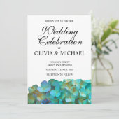 Invitation hydrangées turquoises, fleurs pourpres bleu thé (Debout devant)