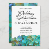 Invitation hydrangées turquoises, fleurs pourpres bleu thé (Devant / Derrière)