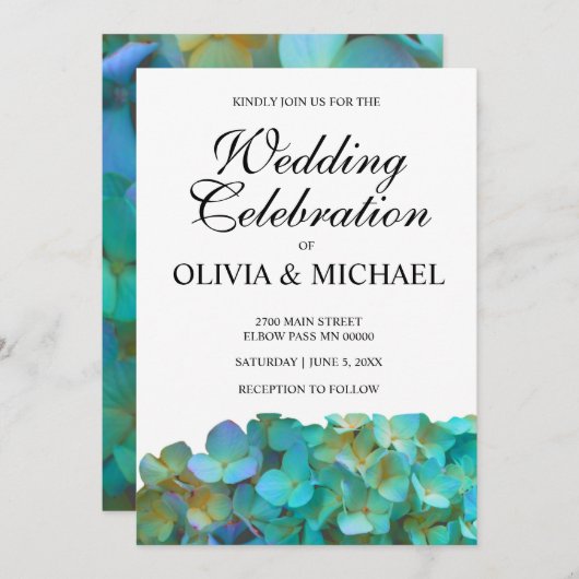 Invitation hydrangées turquoises, fleurs pourpres bleu thé (Devant / Derrière)