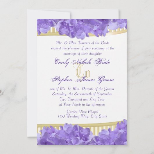 Invitation Hydrangées violettes et bandes d'or (Devant)