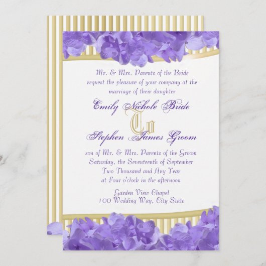 Invitation Hydrangées violettes et bandes d'or (Devant / Derrière)
