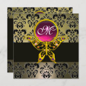 Invitation HYPER MONOGRAM BOUTTERFLY, gris damassé rose rubis (Devant / Derrière)