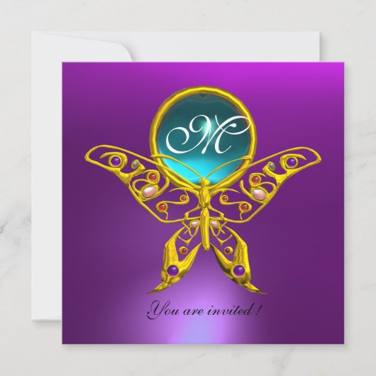 Invitation HYPER PAPILLON MONOGRAMME, bleu, aigue-marine pour (Devant)