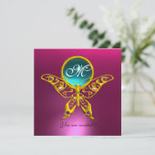Invitation HYPER PAPILLON MONOGRAMME, bleu, rose aquamarine (Debout devant)