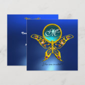 Invitation HYPER PAPILLON MONOGRAMME, bleu, turquoise aigue-m (Devant / Derrière)