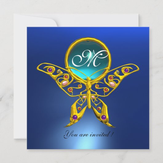 Invitation HYPER PAPILLON MONOGRAMME, bleu, turquoise aigue-m (Devant)