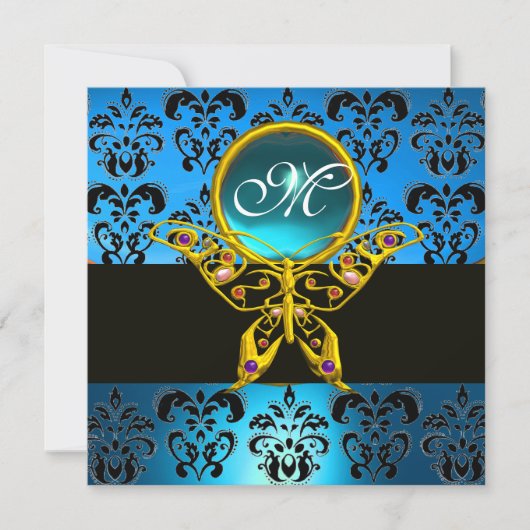 Invitation HYPER PAPILLON MONOGRAMME, damas bleu, aigue-marin (Devant)