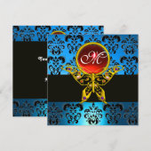 Invitation HYPER PAPILLON MONOGRAMME, damas bleu, rubis rouge (Devant / Derrière)