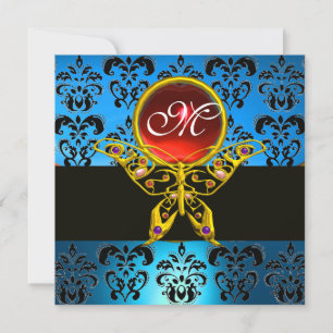 Invitation HYPER PAPILLON MONOGRAMME, damas bleu, rubis rouge