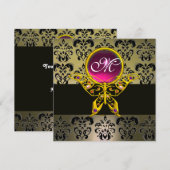 Invitation HYPER PAPILLON MONOGRAMME, gris damas rose rouge r (Devant / Derrière)