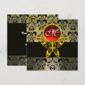 Invitation HYPER PAPILLON MONOGRAMME, gris damas rouge rubis (Devant / Derrière)