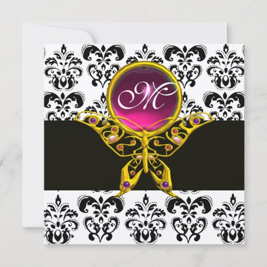 Invitation HYPER PAPILLON MONOGRAMME, noir blanc damas, rose (Devant)