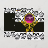 Invitation HYPER PAPILLON MONOGRAMME, noir blanc damas, rose (Devant / Derrière)