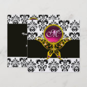 Invitation HYPER PAPILLON MONOGRAMME, noir blanc damassé, ros (Devant / Derrière)