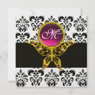 Invitation HYPER PAPILLON MONOGRAMME, noir blanc damassé, ros