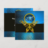 Invitation HYPER PAPILLON MONOGRAMME, vagues saphir bleu (Devant / Derrière)