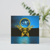 Invitation HYPER PAPILLON MONOGRAMME, vagues saphir bleu (Debout devant)