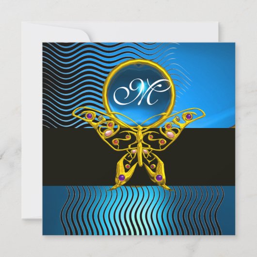 Invitation HYPER PAPILLON MONOGRAMME, vagues saphir bleu (Devant)