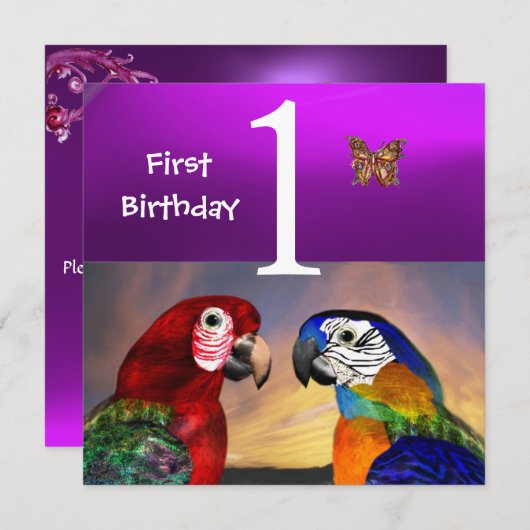 Invitation HYPER PARROTS /First Birday Party Purple (Devant / Derrière)