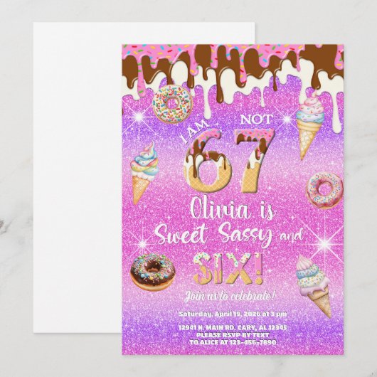 Invitation I am 6 not 7 girl 6th birthday invitation. (Devant / Derrière)