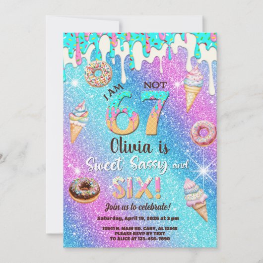 Invitation I am 6 not 7 girl 6th birthday invitation. (Devant)