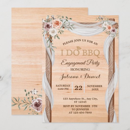 Invitation I DO BBBQ Engagement Party Modern Wood Floral (Devant / Derrière)