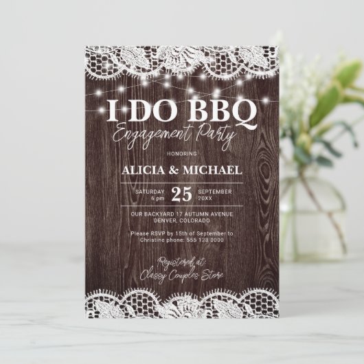 Invitation I DO BBQ rustic wood lace engagement party (Debout devant)
