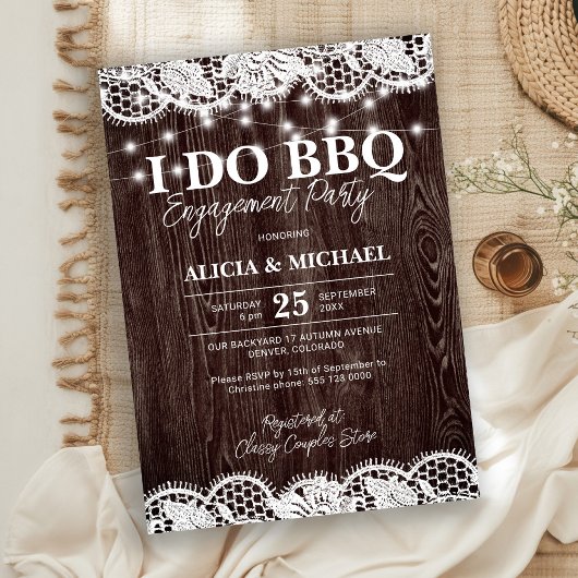Invitation I DO BBQ rustic wood lace engagement party