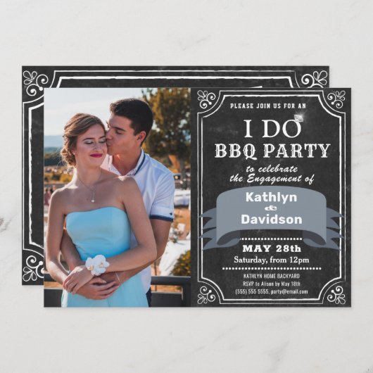 Invitation I DO Fiançailles 4 photo Black Chalkboard BBQ Part (Devant / Derrière)