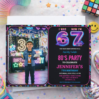 Invitation I Was 6 Now I’m 7 Retro Neon 7th Birthday photo