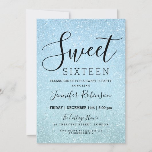 Invitation Ice Blue Sweet 16 Anniversaire Parties scintillant (Devant)