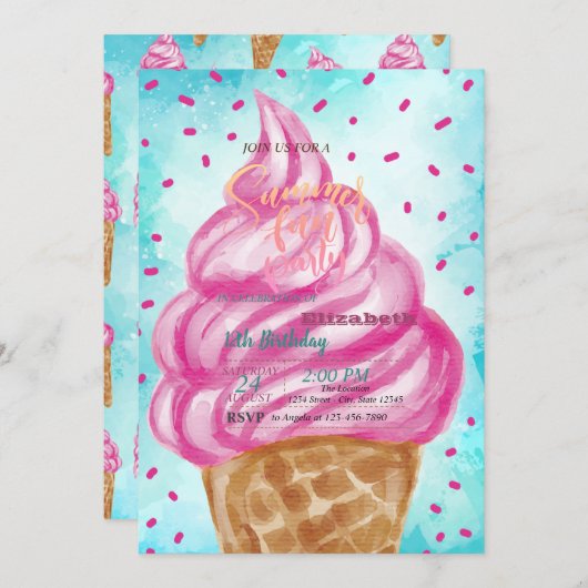 Invitation Ice Cream Cone fête d'été (Devant / Derrière)