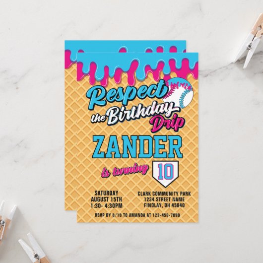 Invitation Ice Cream Drip Baseball Blue Pink Birthday Party (Devant/Arrière en situation)