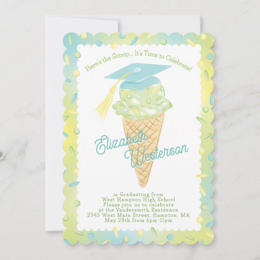 Invitation Ice Cream Graduation Party Green Blue (Devant)