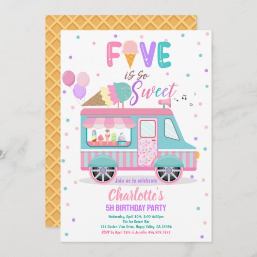 Invitation Ice Cream Truck Five est si doux 5e anniversaire (Devant / Derrière)