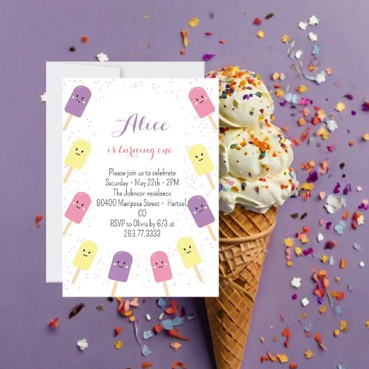 Invitation Ice Crème Cone Scoop Confetti Pink Anniversaire