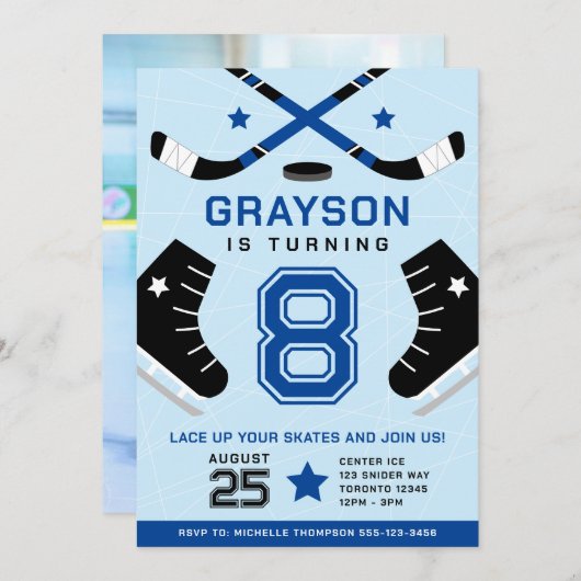 Invitation Ice Hockey Anniversaire de enfant Party Blue Invit (Devant / Derrière)