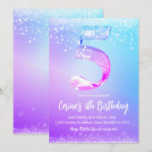 Invitation Ice number white glitter Girl 5th Birthday (Devant / Derrière)