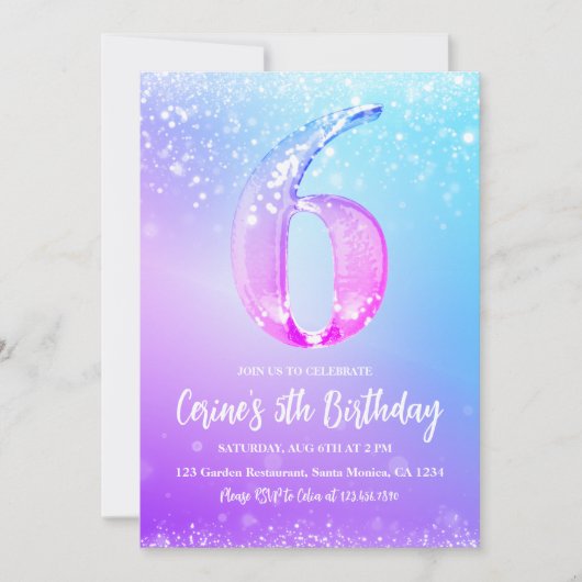 Invitation Ice number white glitter Girl 6th Birthday  (Devant)