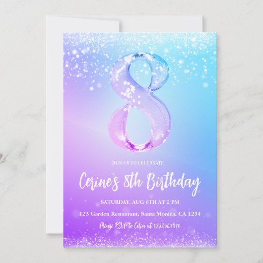 Invitation Ice number white glitter Girl 8th Birthday  (Devant)