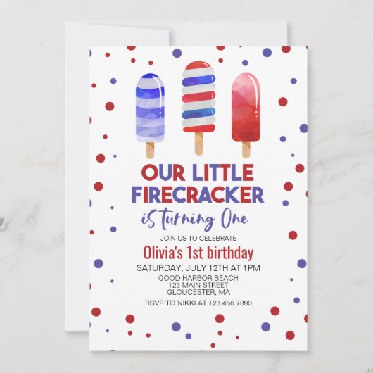 Invitation Ice Pops Firecracker Rouge Blanc Bleu 1er annivers (Devant)
