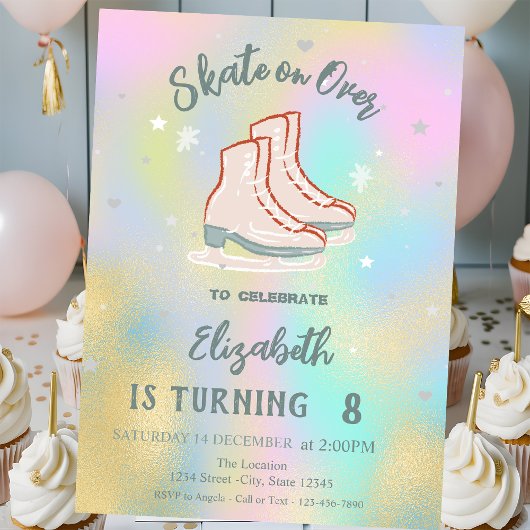 Invitation Ice skates Colorful Holographic Birthday