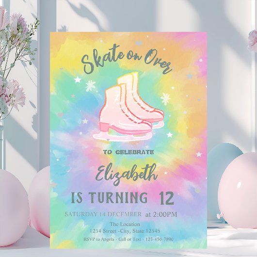 Invitation Ice skates Colorful Tie Dye Birthday