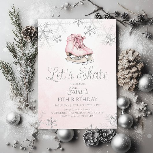 Invitation Ice Skating Winter Birthday Party Silver Glitter