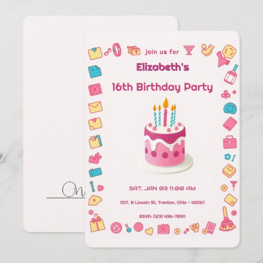 Invitation Icônes de mode rétro avec gâteau d'anniversaire co (Devant / Derrière)