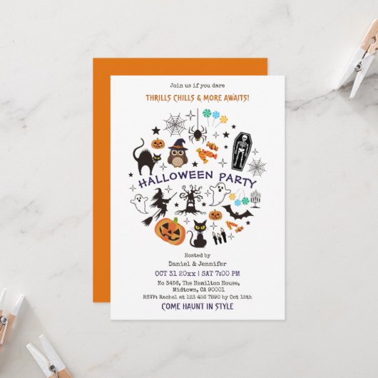 Invitation Icônes de squelette pour soirée Halloween effrayan (Devant/Arrière en situation)