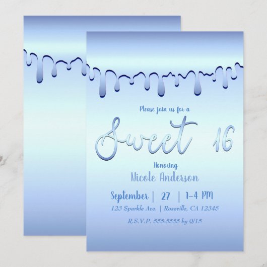 Invitation Icy Blue Drip Winter Wonderland Sweet 16 Seize (Devant / Derrière)